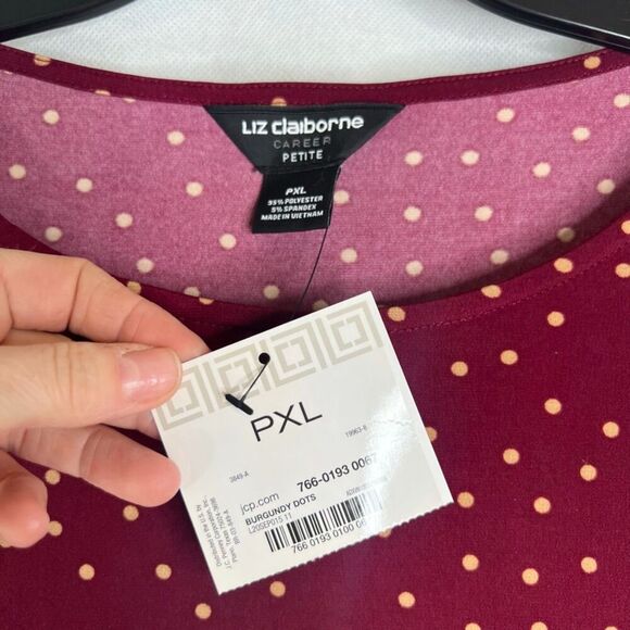 Liz Claiborne NWT Burgundy Dots Faux‎ Wrap Career Blouse Women's Sz PXL - Picture 7 of 9